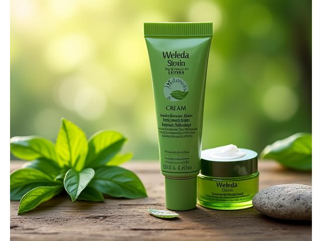 Słoik kremu Weleda Skin Food na tle zielonych roślin.