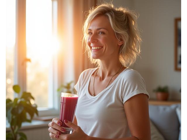 Uśmiechnięta kobieta w średnim wieku, pokazująca dumę ze swojej transformacji wellness, być może 'przed i po' subtelnie zintegrowane, podkreślające zdrowy styl życia. Otoczenie domowe, ciepłe.