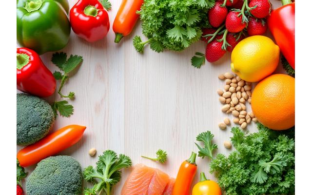 Stolik pełen zdrowych, świeżych produktów spożywczych, takich jak warzywa, owoce, orzechy i chude białko.